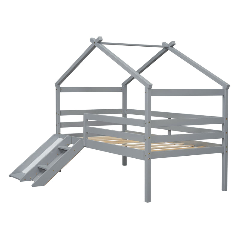 Low Loft House Bed With Slide, Ladder, Safety Guardrails, House Roof Frame