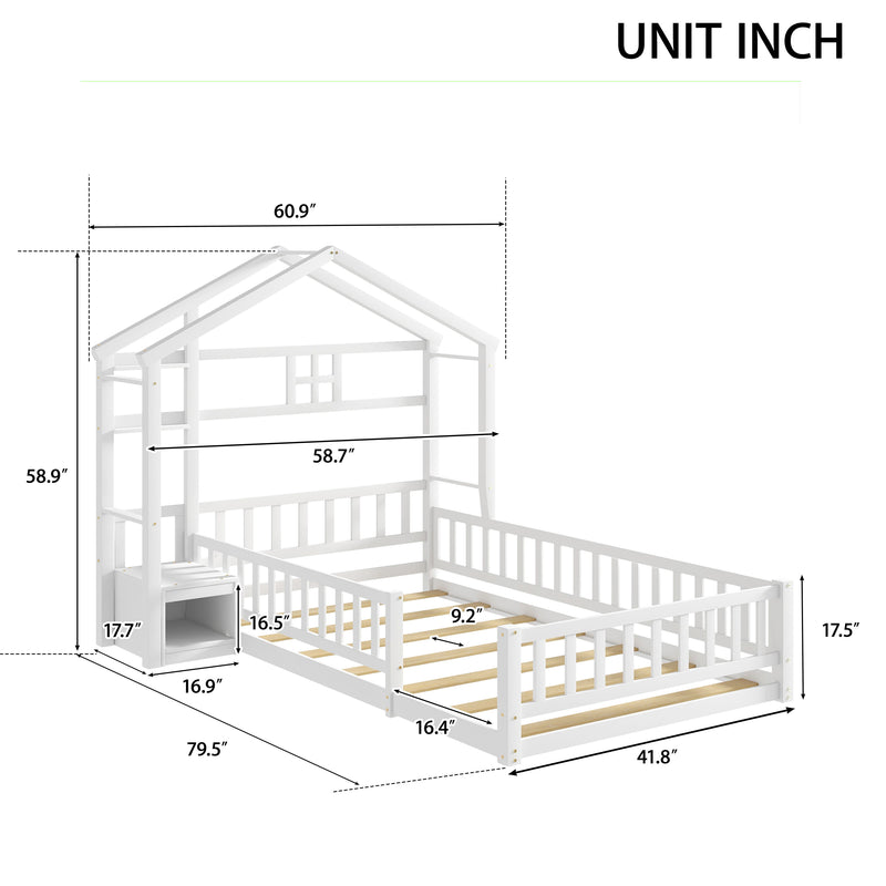 Twin Size House Style Headboard Floor Bed With Fence Guardrails - White