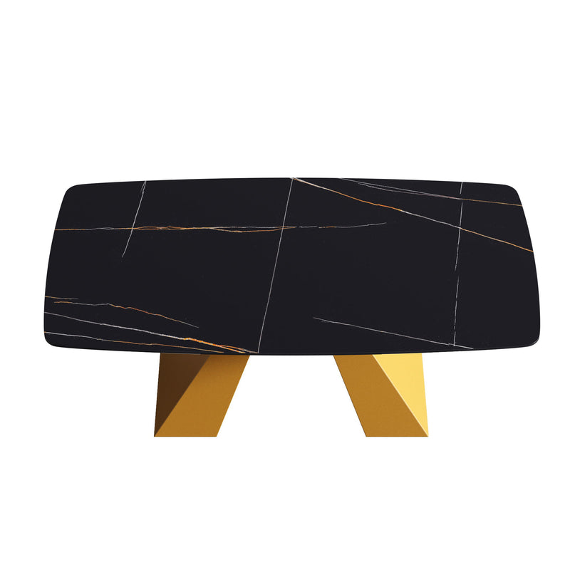 70.87" Modern Artificial Stone Curved Metal Leg Dining Table, Can Accommodate 6-8 People - Black / Gold