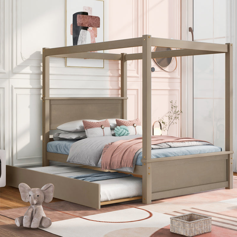 Wood Canopy Bed with Trundle Bed ,Full Size Canopy Platform bed With  Support Slats .No Box Spring Needed, Brushed  Light Brown