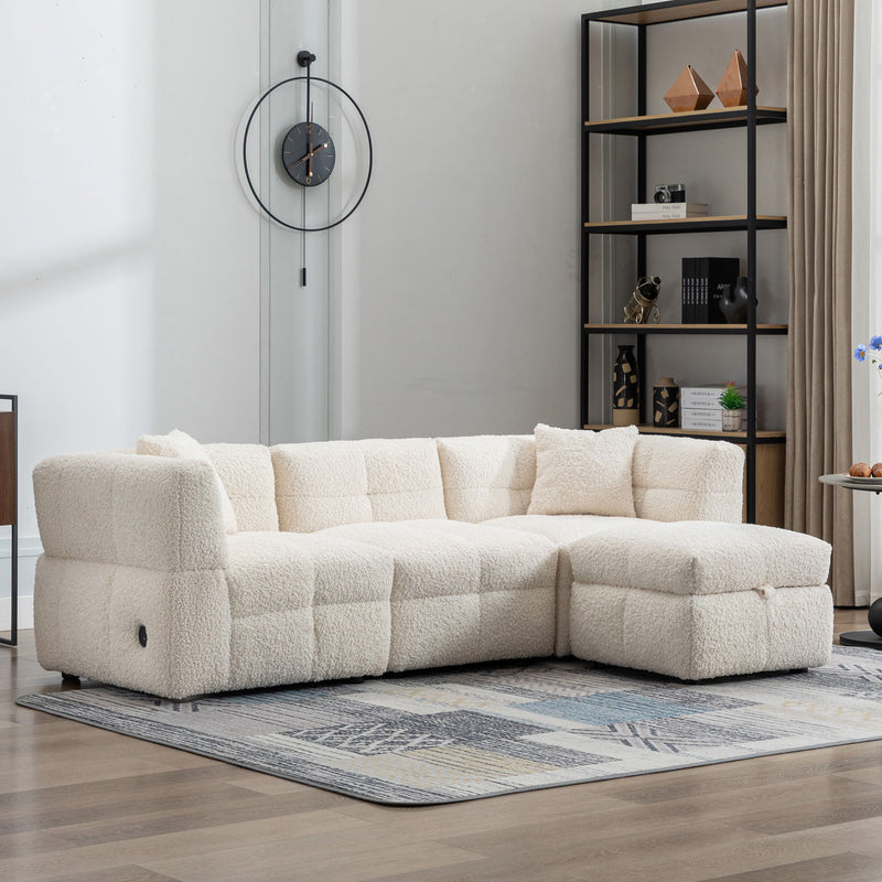 Sectional Sofa Cozy Teddy Fleece Sectional Sofa Couch With Two USB Ports A Movable Storage Ottoman And Two Lumbar Pillows For Living Room