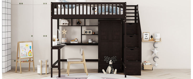 Full Size Loft Bed With Bookshelf, Drawers, Desk, And Wardrobe