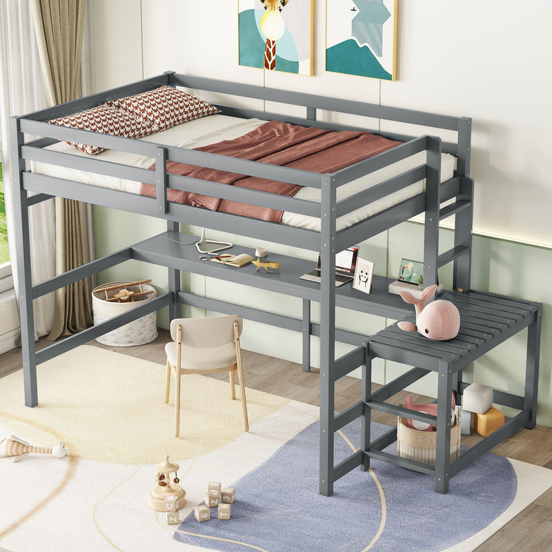 Full Loft Bed With Built-In Desk, Ladder Platform, Ladders, Guardrails - Gray