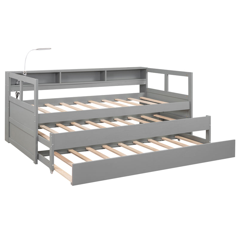 Twin XL Wood Daybed with 2 Trundles, 3 Storage Cubbies, 1 Light for Free and USB Charging Design, Gray