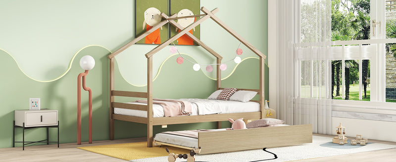 Twin Size  House-shaped Bed with Trundle,Natural