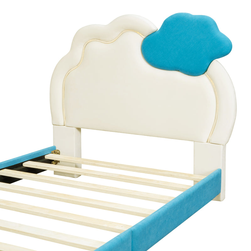 Twin Size Upholstered Platform Bed with Cloud-Shaped Headboard and Embedded Light Stripe, Velvet, Blue