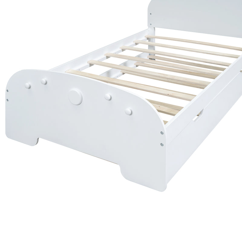 Wood Twin Size Platform Bed with Cartoon Ears Shaped Headboard and Trundle, White