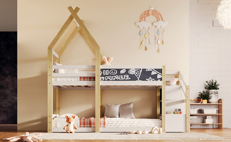 Twin over Twin House Bunk Bed with White Storage Staircase and Blackboard, White and Natural