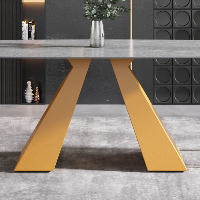 70.87" Modern Artificial Stone Gray Curved Golden Metal Leg Dining Table, Can Accommodate 6-8 People - Gray / Gold