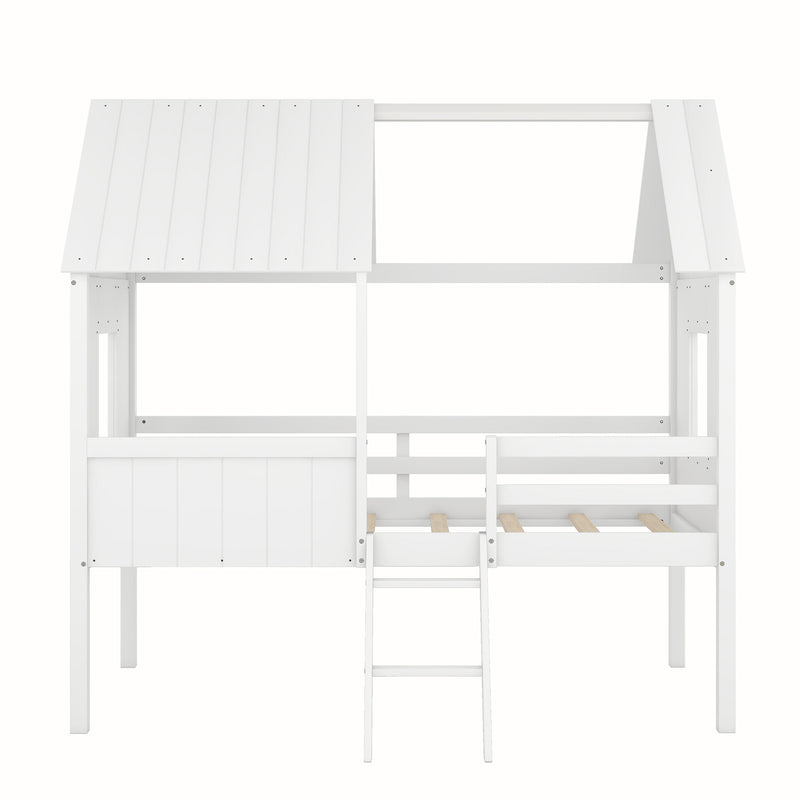 Twin Size Low Loft Wood House Bed with Two Side Windows  (White)(OLD SKU: LP000037AAK)