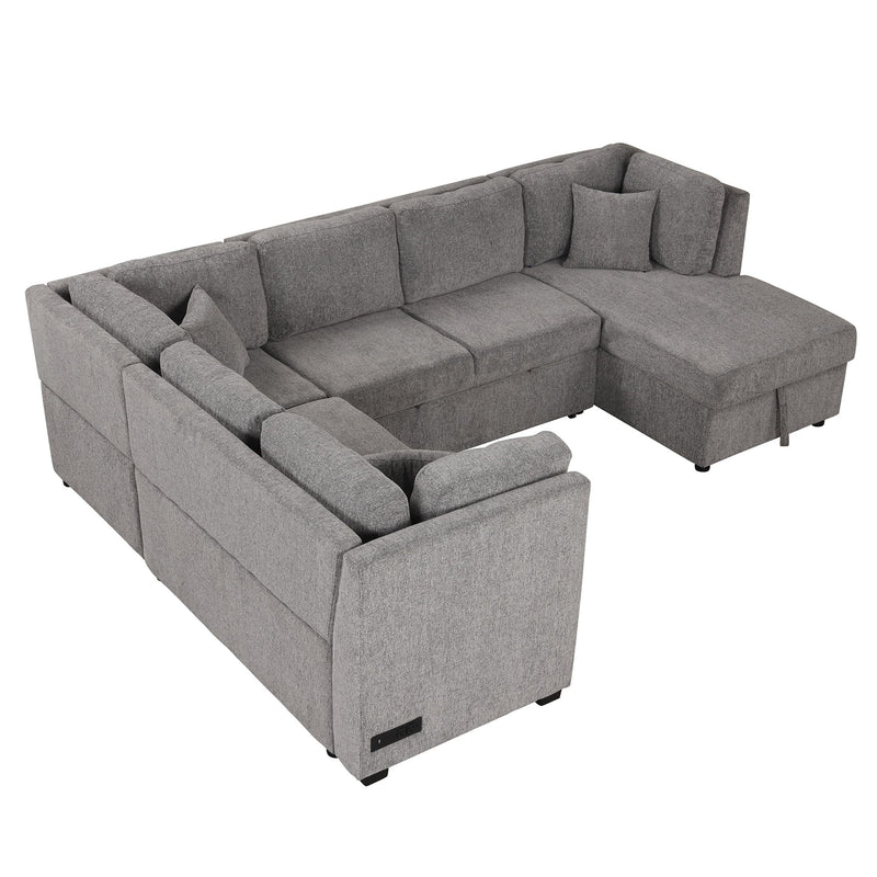 U-Shaped Sectional Sofa Pull Out Sofa Bed With Two USB Ports, Two Power Sockets, Three Back Pillows And A Storage Chaise For Living Room