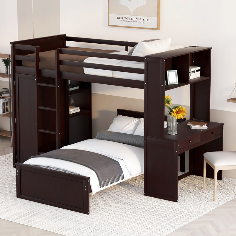 Twin size Loft Bed with a Stand-alone bed, Shelves,Desk,and Wardrobe-Espresso