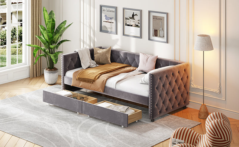 Sofa bed with drawers, modern velvet upholstered sofa bed with button tufted sofa bed frame with double drawers, bedroom living room furniture, Grey(83.47''x42.91''x30.71''')