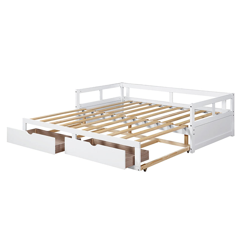 Wooden Daybed With Trundle Bed And Two Storage Drawers, Extendable Bed Daybed, Sofa Bed For Bedroom Living Room - White