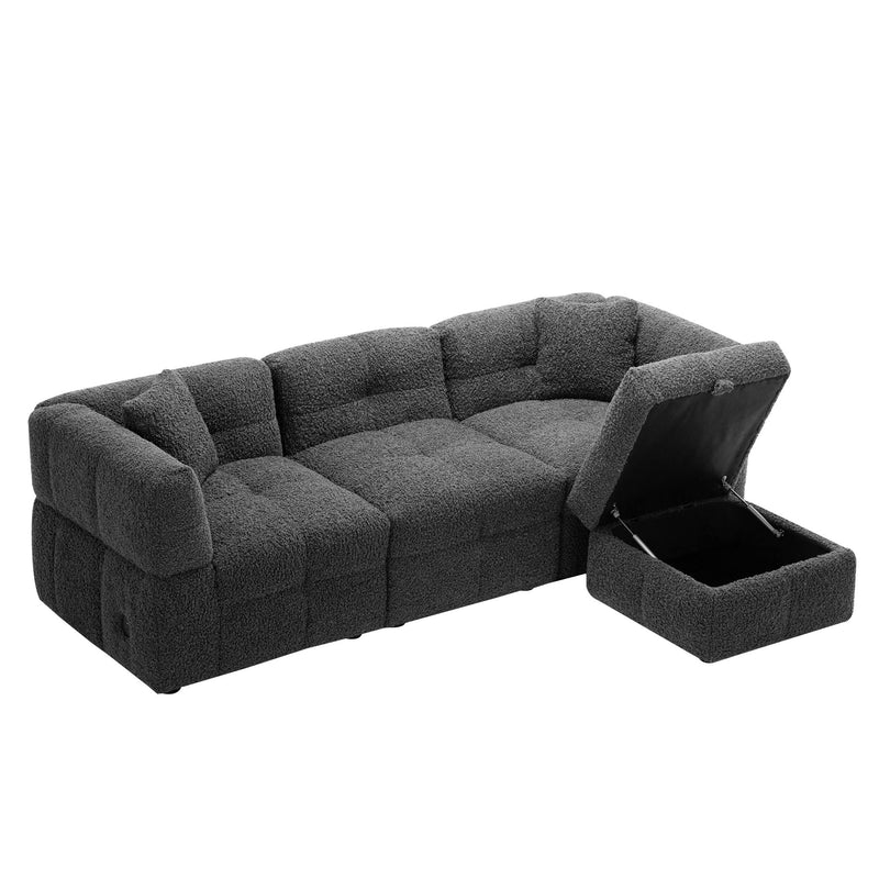 Sectional Sofa Cozy Teddy Fleece Sectional Sofa Couch With Two USB Ports A Movable Storage Ottoman And Two Lumbar Pillows For Living Room