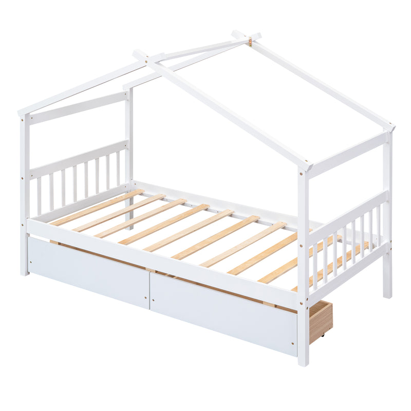 Twin Size Wooden House Bed with Drawers, White