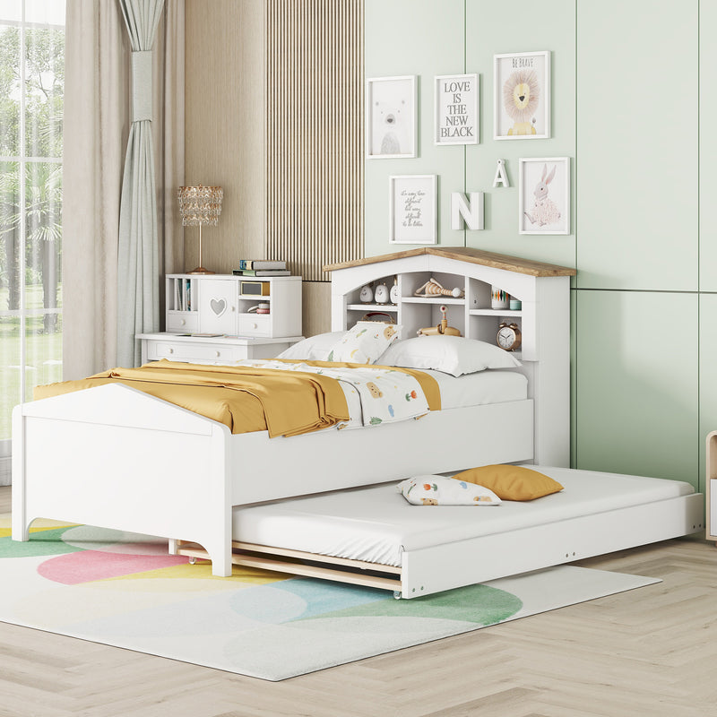 Twin Size Wood Platform Bed with House-shaped Storage Headboard and Trundle, White