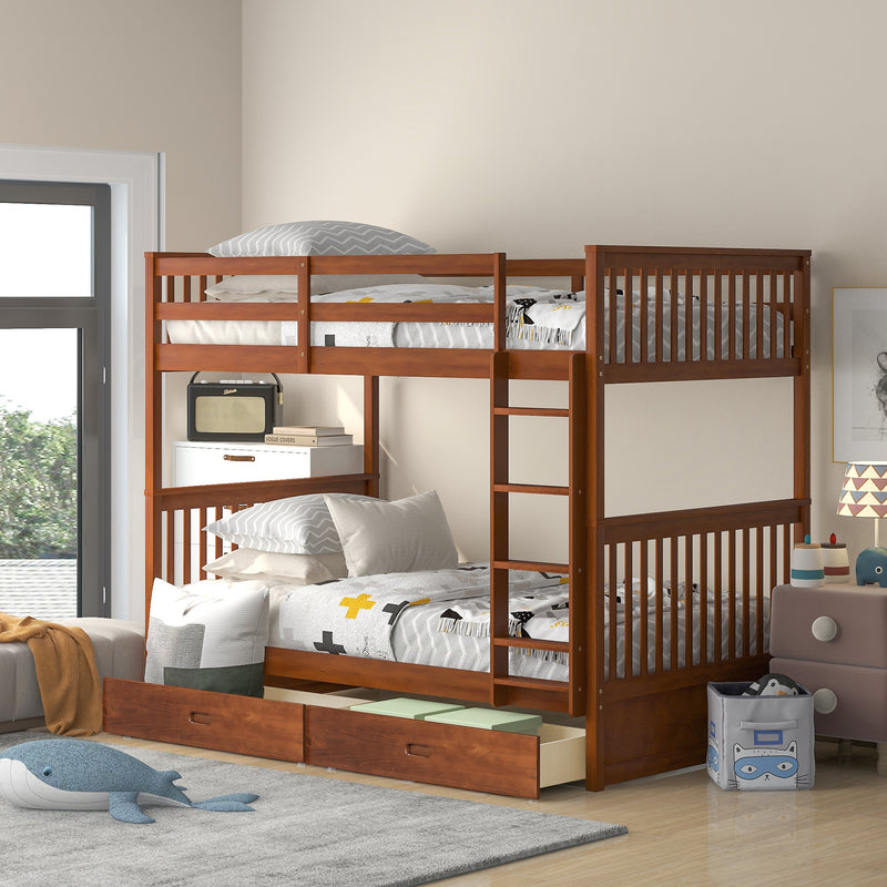 Twin-Over-Twin Bunk Bed with Ladders and Two Storage Drawers (Walnut)(OLD SKU:LT000265AAD)