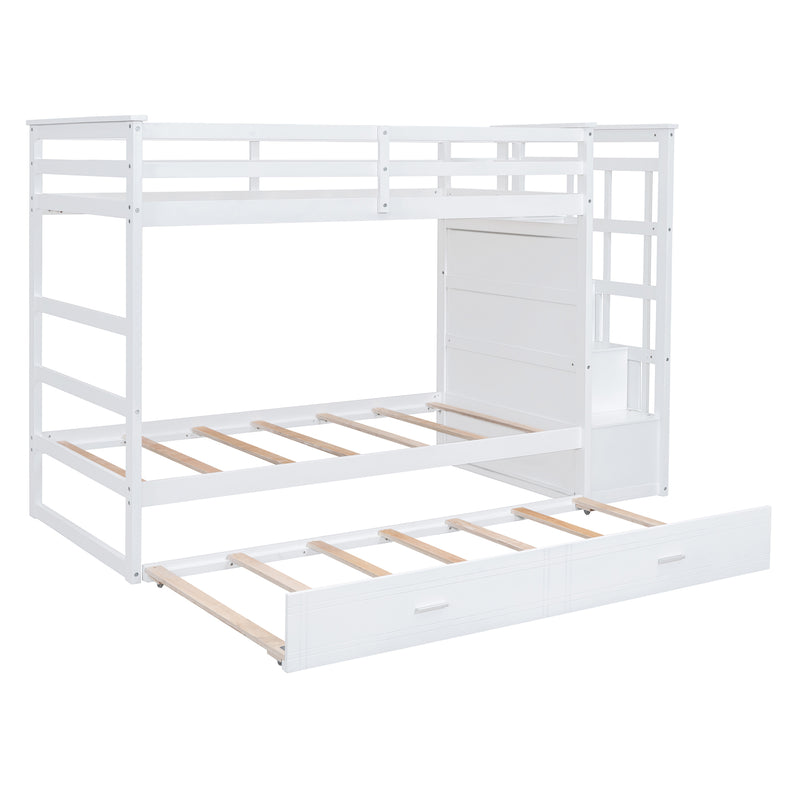 Twin Over Twin Bunk Bed with Trundle and Staircase,White(OLD SKU:LT000068AAK)