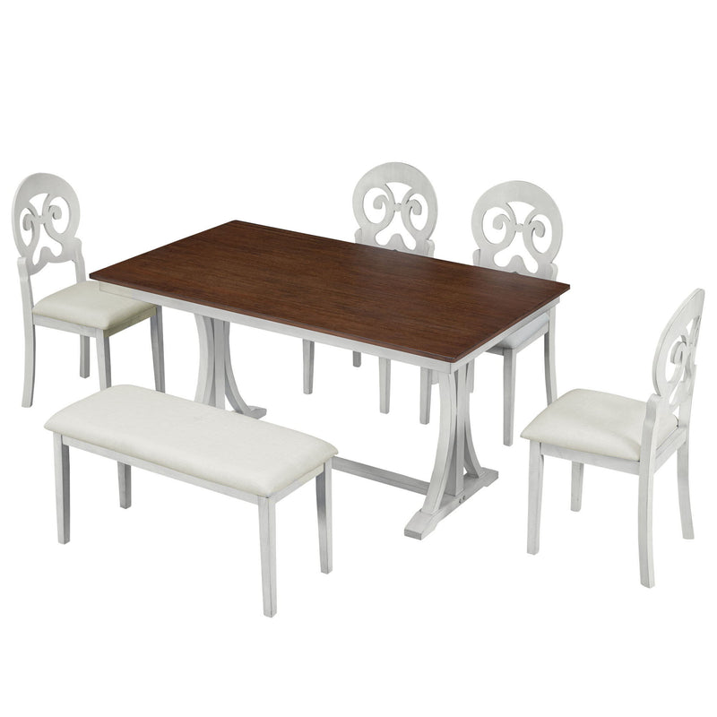 Topmax - 6 Piece Mid-Century Trestle Table Set With Victorian Round Upholstered Dining Chairs And Long Bench - Antique White / Cherry