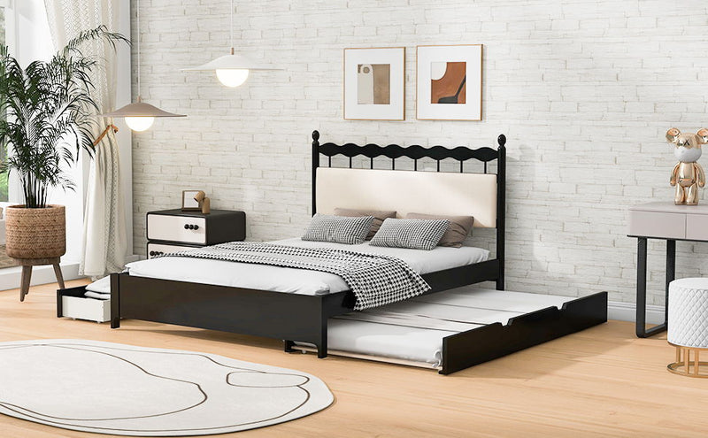 Wooden Storage Platform Bed, With 2 Big Drawers & Trundle