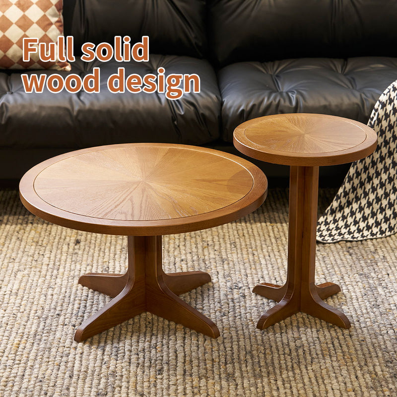 2 Piece Modern Farmhouse Living Room Coffee Table Set, Stylish And Elegant Nesting Round Wooden Table, Side End Table Set For Living Room, Bedroom - Brown