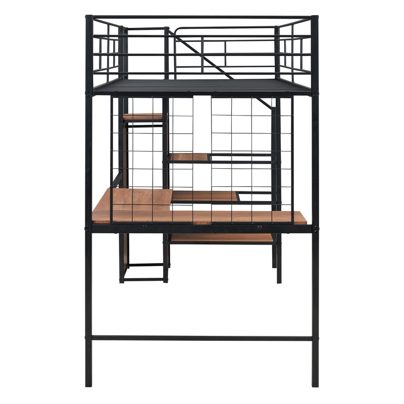 Twin Size Metal Loft Bed with Desk and Metal Grid, Stylish Metal Frame Bed with Lateral Storage Ladder and Wardrobe, Black