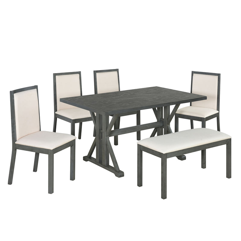 Topmax - 6 Piece Farmhouse Classical Dining Table Set With Trestle Legs, Kitchen Table Set For 6 With 4 Upholstered Dining Chairs And Bench