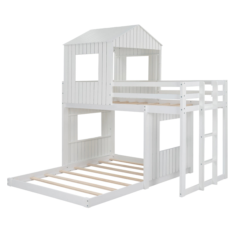 Wooden Twin Over Full Bunk Bed, Loft Bed with Playhouse, Farmhouse, Ladder and Guardrails, White( old sku: LT000027AAK )