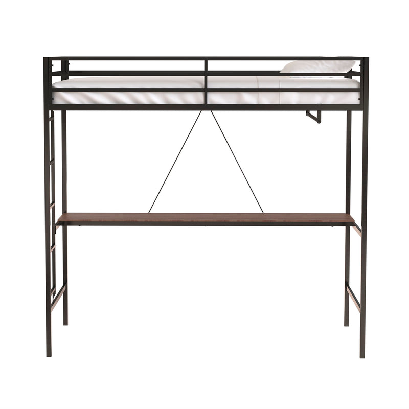 Adam - Twin Loft Bunk Bed With Cinnamon Wood Desk And Closet Rod - Black