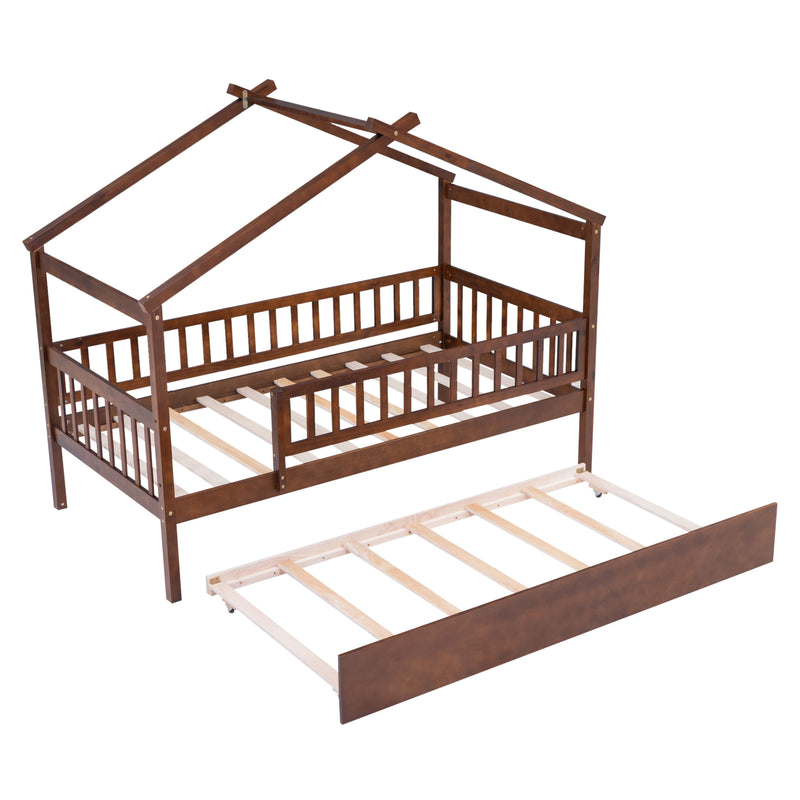 Twin Size Wooden House Bed with Twin Size Trundle, Walnut