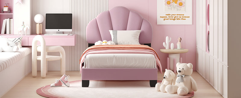 Twin Size Upholstered Velvet Platform Bed with Shell-Shaped Headboard, Pink