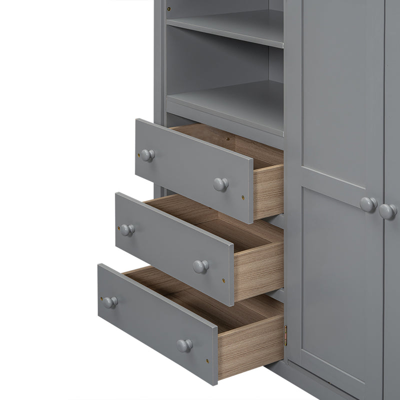 Wood Full Size Loft Bed with Built-in Wardrobe, Desk, Storage Shelves and Drawers, Gray