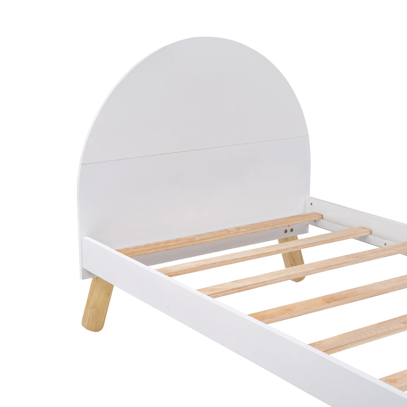 Wooden Cute Platform Bed With Curved Headboard,Twin Size Bed With Shelf Behind Headboard,White