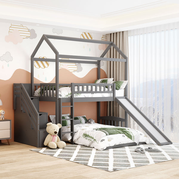 Twin Over Twin Bunk Bed with Two Drawers and Slide, House Bed with Slide, White(OLD SKU :LP000129AAE)