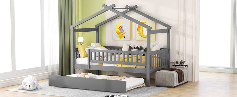 Twin Size Wooden House Bed with Twin Size Trundle, Gray