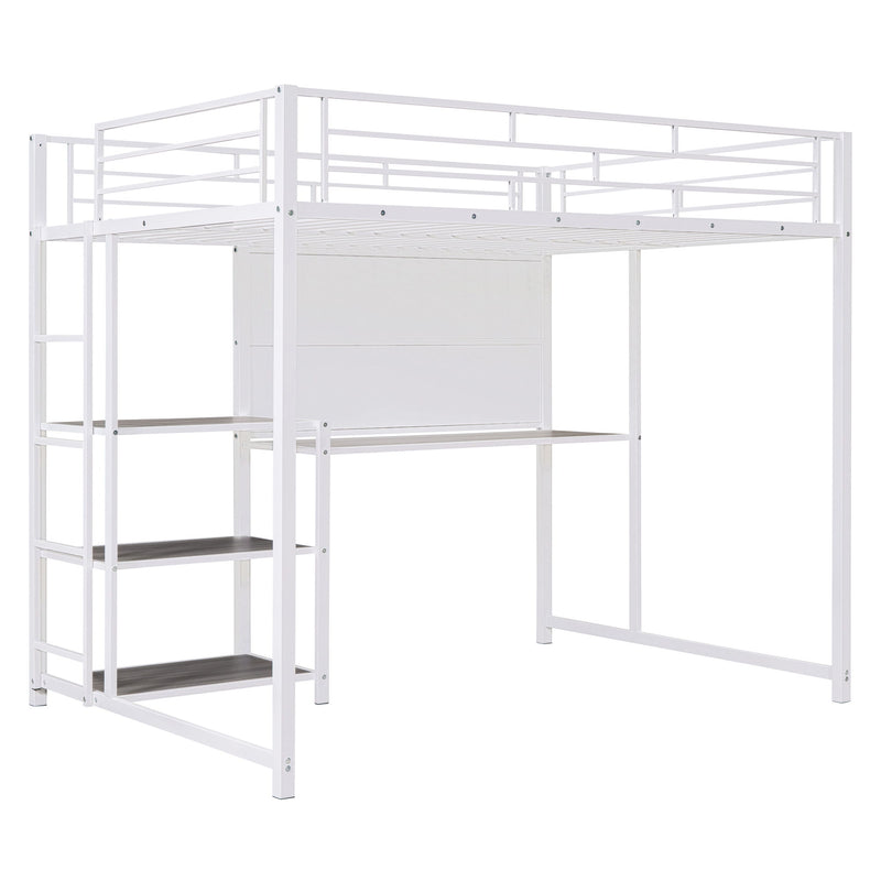 Full Size Loft Bed With Desk And Whiteboard, Metal Loft Bed With 3 Shelves And Ladder - White