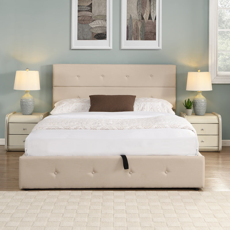 Upholstered Platform Bed with Underneath Storage,Queen Size,Beige