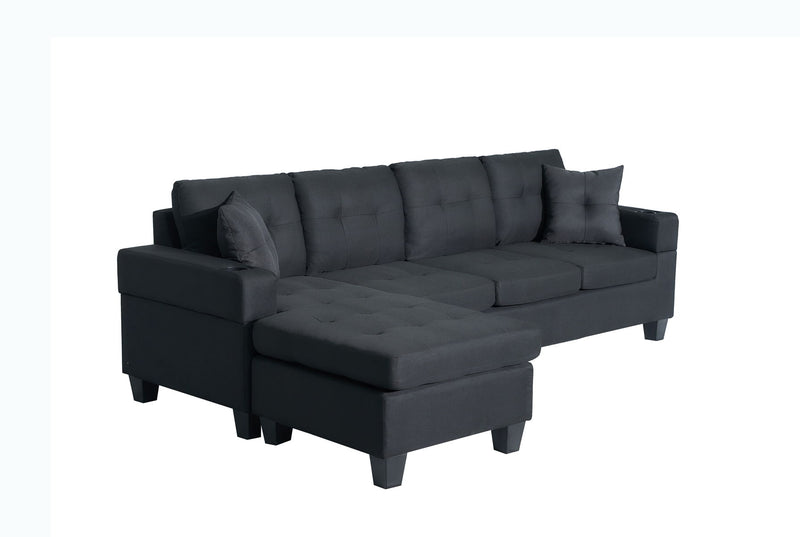 Nala - Wide Fabric Reversible Sectional Sofa With Cupholders And 2 Throw Pillows - Black