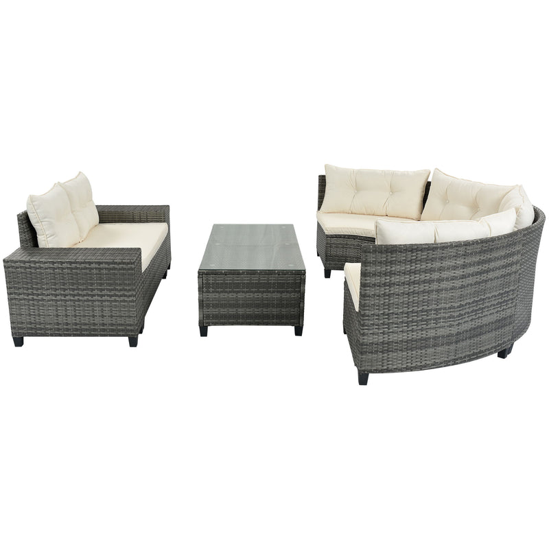 8 Pieces Outdoor Wicker Round Sofa Set, Half-Moon Sectional Sets All Weather, Curved Sofa Set With Rectangular Coffee Table, PE Rattan Water-Resistant And UV Protected, Movable Cushion