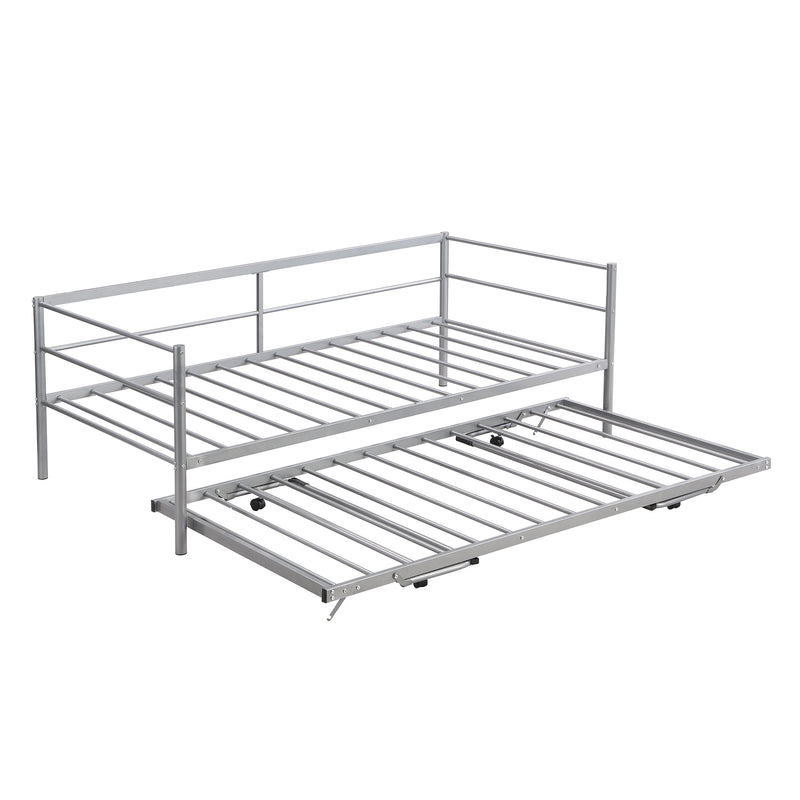 Twin Size Metal Daybed with Adjustable Trundle, Pop Up Trundle, Silver