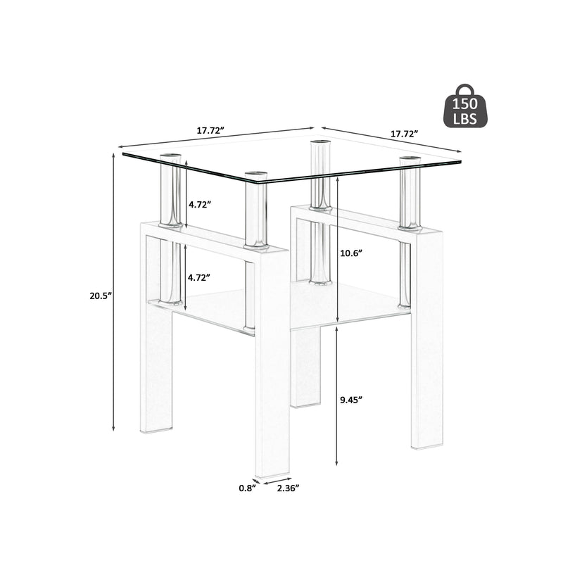 Modern Tempered Glass Tea Table, End Square Table For Living Room (Set of 2) - Transparent / White