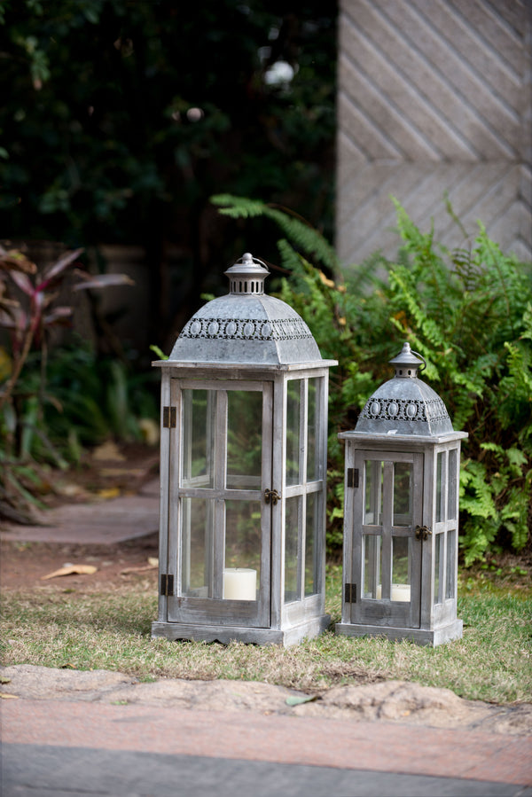 Wooden Candle Lantern Decorative, Hurricane Lantern Holder Decor For Indoor Outdoor, Home Garden Wedding (Set of 2) - Gray