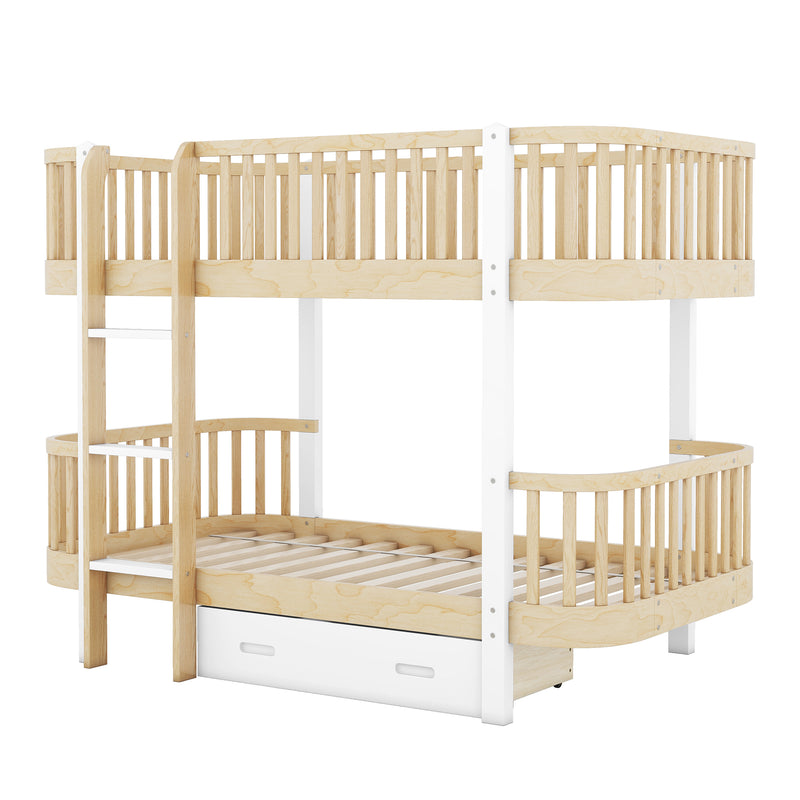 Wood Twin over Twin Bunk Bed with Fence Guardrail and a Big Drawer, Natural White