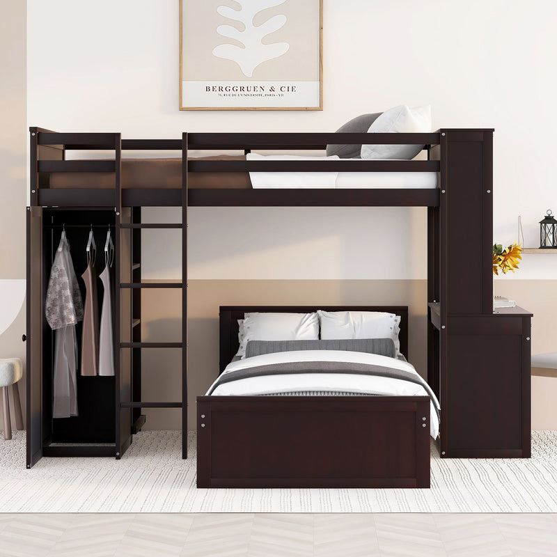 Twin size Loft Bed with a Stand-alone bed, Shelves,Desk,and Wardrobe-Espresso