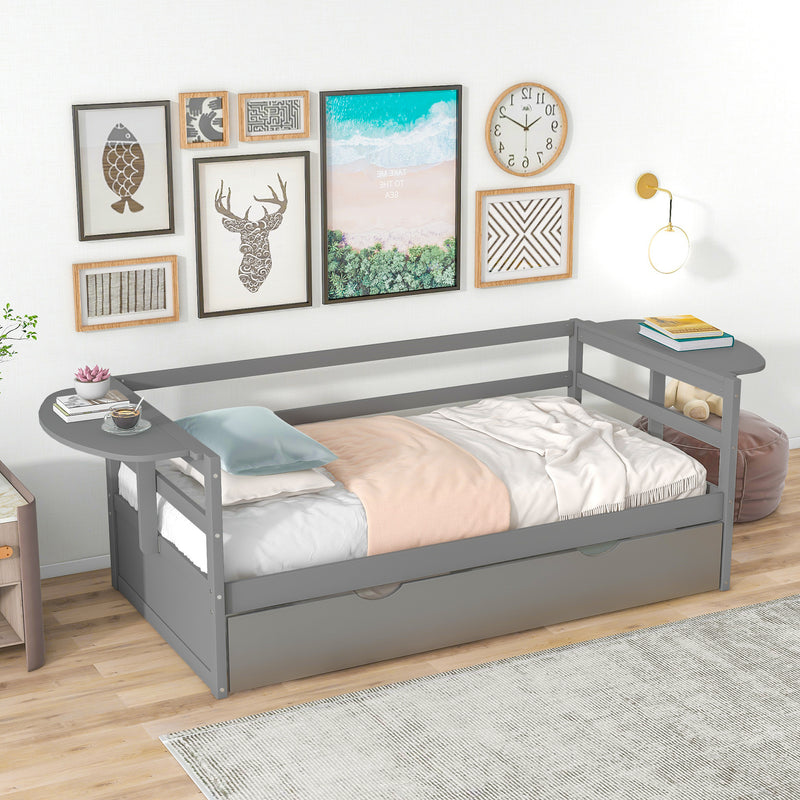 Twin Size Daybed with Trundle and Foldable Shelves on Both Sides,Gray