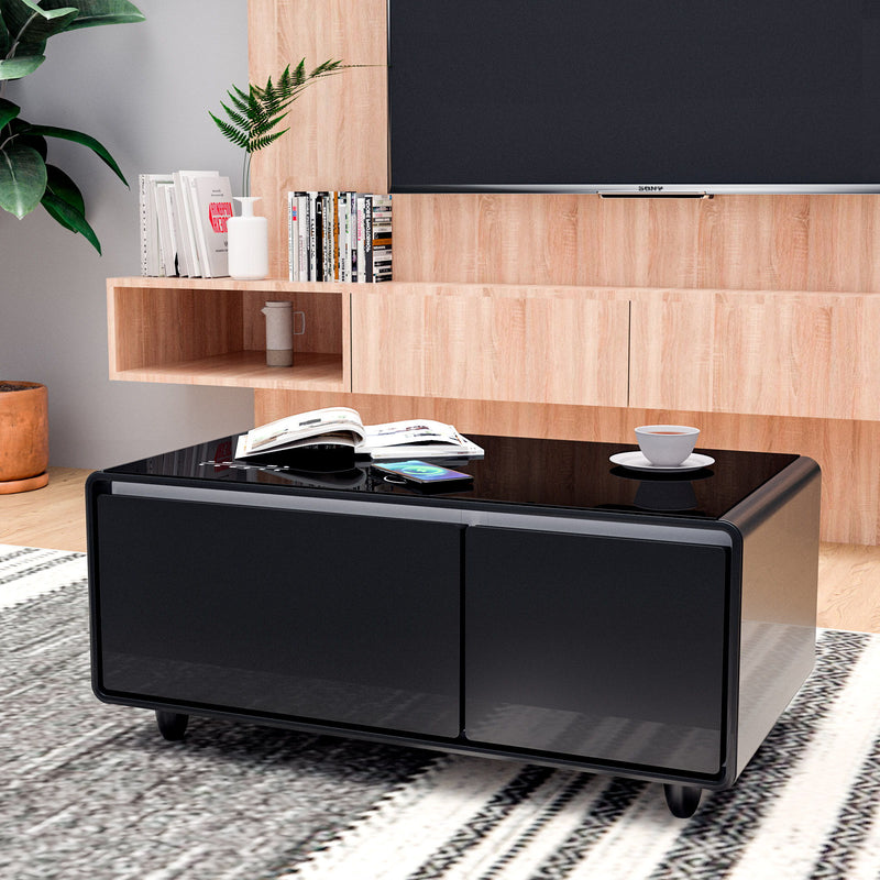 Modern Smart Coffee Table With Built-In Fridge - Bluetooth Speaker, Wireless Charging, Touch Control Panel, USB Interface, Outlet Protection, Atmosphere Light - Black