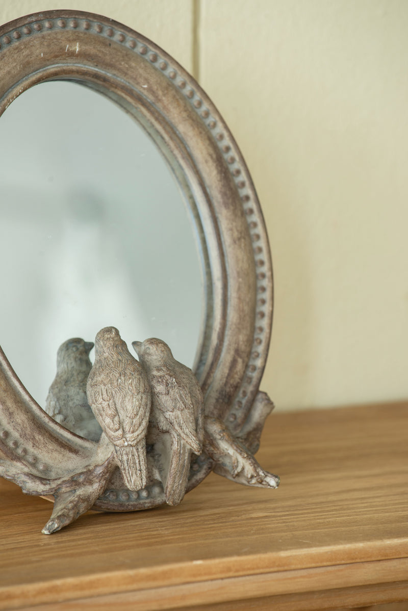 Corella Oval Bird Mirror With Resin Frame, Desk Mirror With Stand For Counter Bedroom Bathroom - Brown