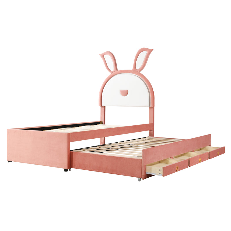 Twin Size Upholstered Platform Bed with Trundle and 3 Drawers, Rabbit-Shaped Headboard with Embedded LED Lights, Pink