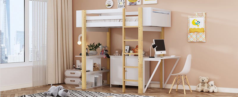 Twin Size Wood Loft Bed With Built-in Storage Cabinet and Cubes, Foldable desk, White